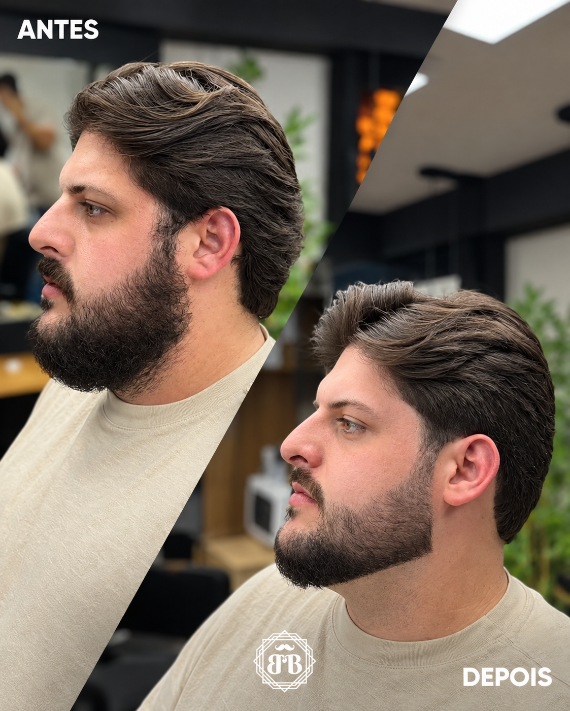 Antes e depois de um trabalho da Barbearia Bernardes